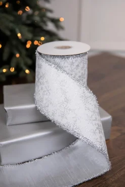 4" x 5 Yard Snowflake Sparkle Print Dupion Ribbon