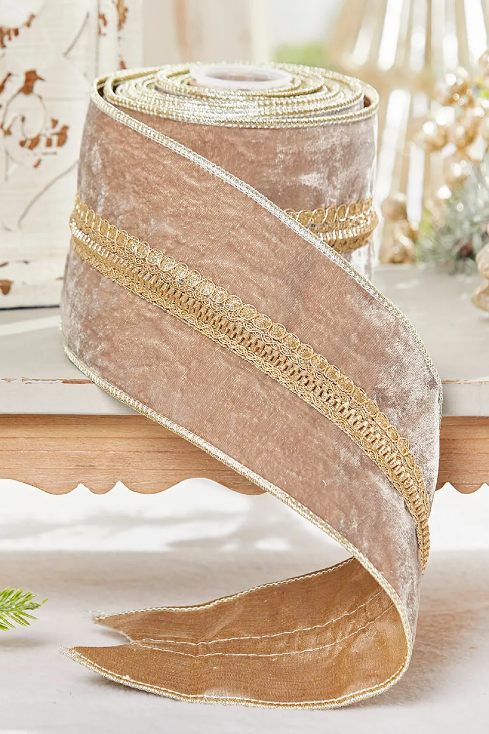 4" x 5 Yard Taupe Velvet Metallic Edge Ribbon