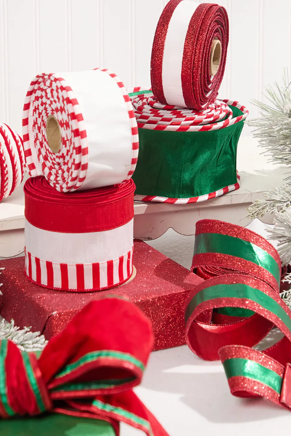 2.5" x 10 Yard White Dupioni with Red Glitter Stripe Ribbon