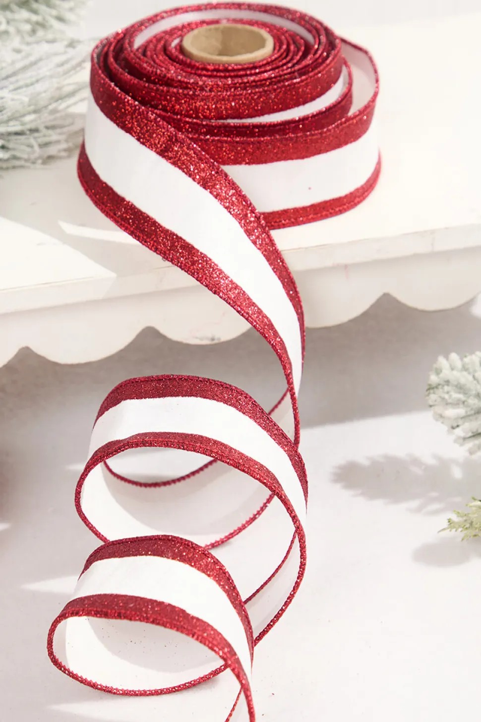 2.5" x 10 Yard White Dupioni with Red Glitter Stripe Ribbon