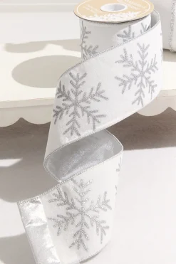 4" x 10 Yard White Velvet with Silver Snowflake Ribbon