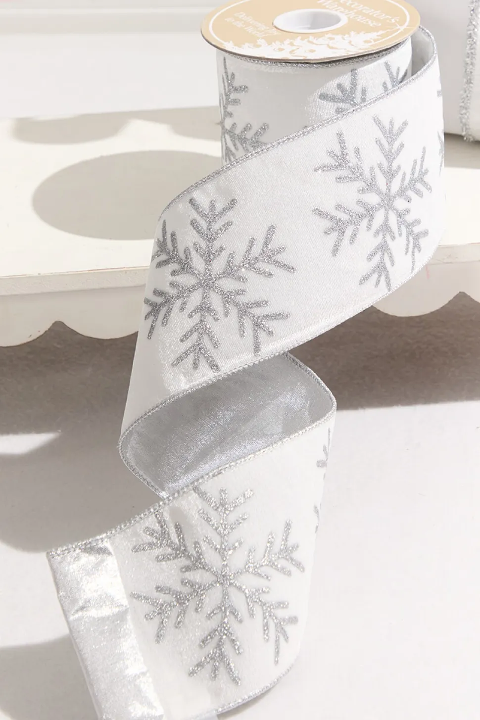 4" x 10 Yard White Velvet with Silver Snowflake Ribbon