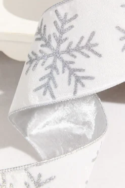 4" x 10 Yard White Velvet with Silver Snowflake Ribbon